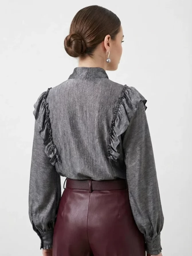 Блузка с рюшами и воротником-завязка OD-988-1 графит