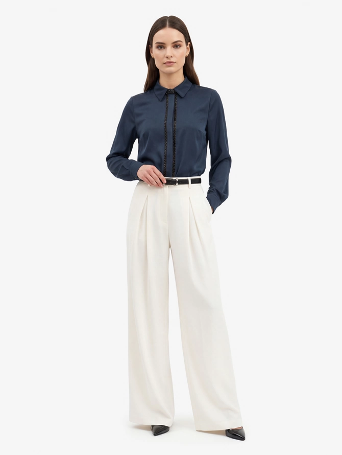 Блуза с узкой бисерной тесьмой OD-1016-1 темно-синий