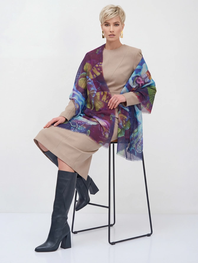 Платок двусторонний с арт-деко принтом и бахромой