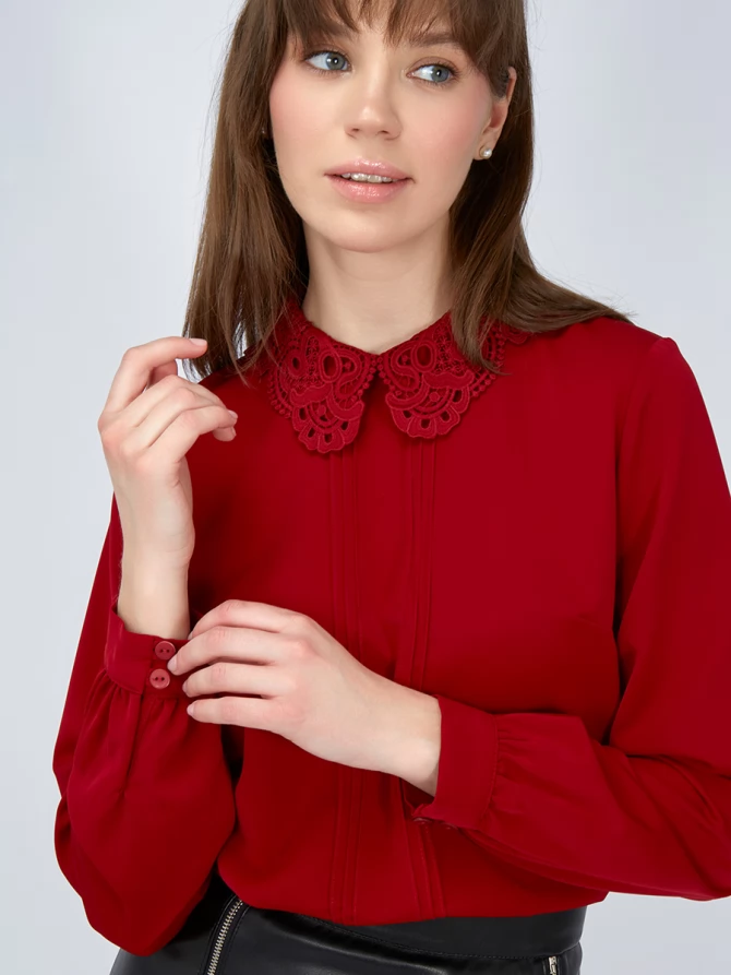 Блузка с кружевным воротником OD-861-3 бордо