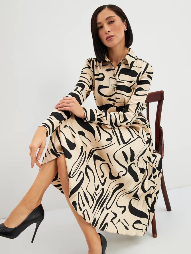 Платье с юбкой плиссе OD-883-3 бежевый с черными разводами