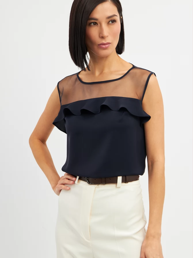 Блузка без рукавов с сеткой и воланом OD-992-2 т. синий