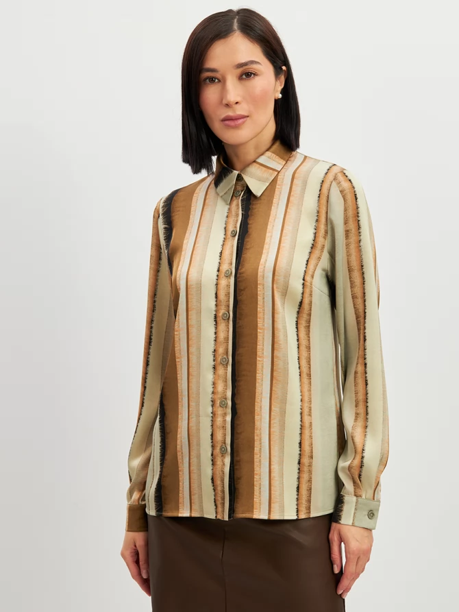 Блузка из атласной ткани OD-887-6 коричневый с серой полосой