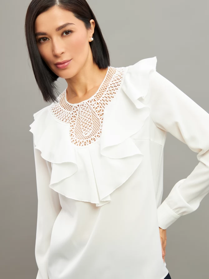 Блузка со вставкой из кружева и рюшей OD-1000-1 белый