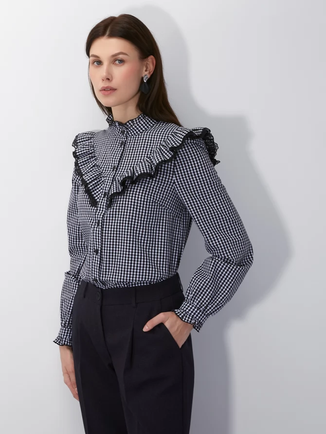 Блузка из хлопка с кружевом OD-896-1 ч/б клетка