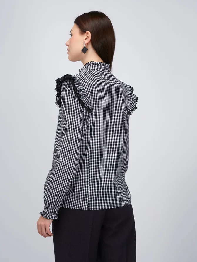 Блузка из хлопка с кружевом OD-896-1 ч/б клетка