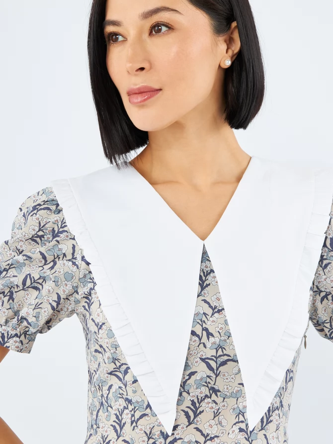 Платье из хлопка с большим контрастным воротником OD-935-3 цветы на бежевом