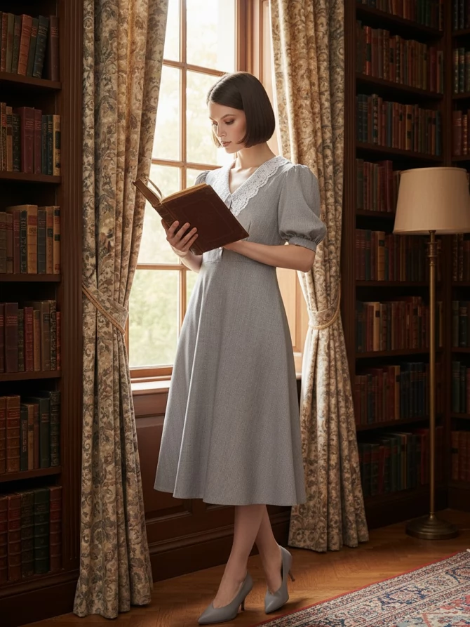 Платье с кружевным воротником  OD-888-2 св.серый