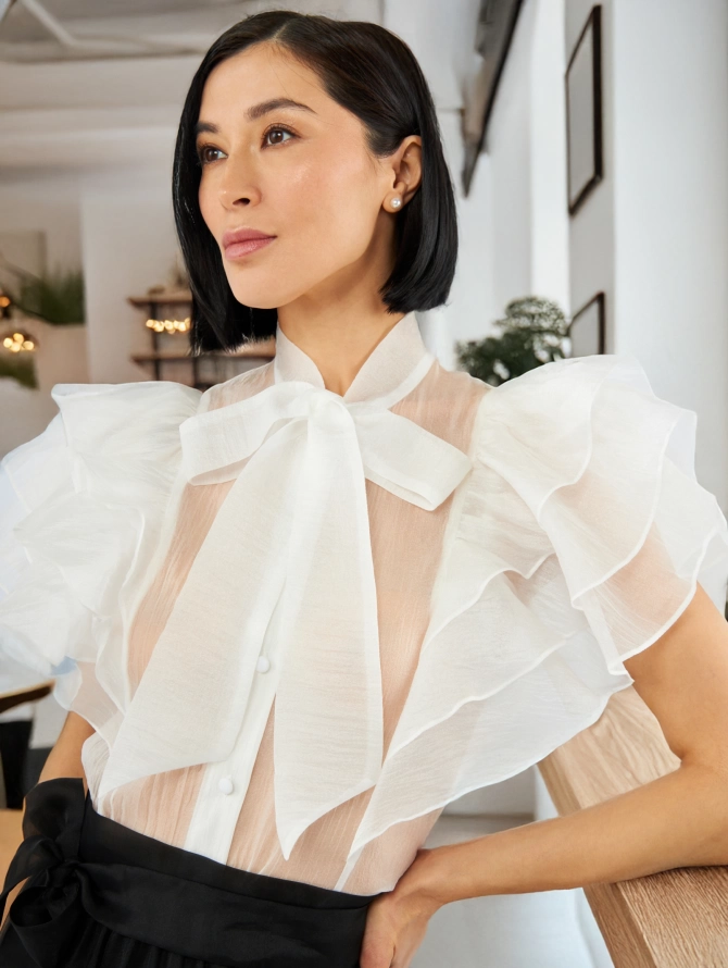 Блузка из органзы с рюшами и бантом OD-929-1 белый