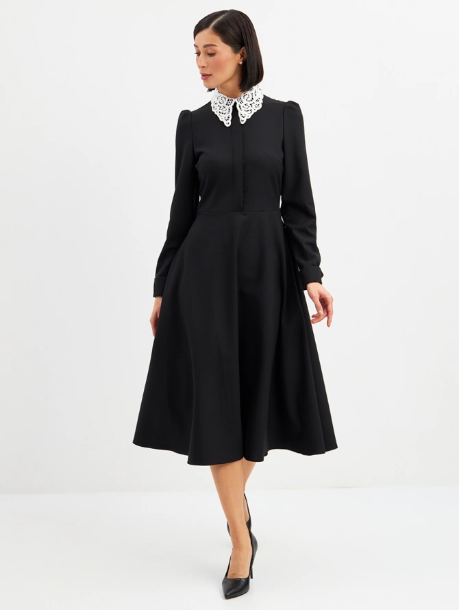 Платье с кружевным воротником, потайная планка, черный