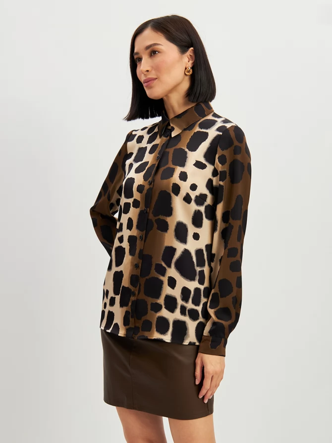 Блузка из атласной ткани OD-887-5 леопард коричневый с хаки