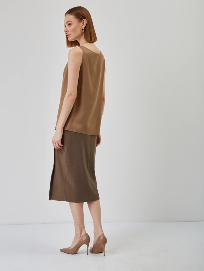 Топ из блузочной ткани с круглым вырезом OD-820-1, коричневый