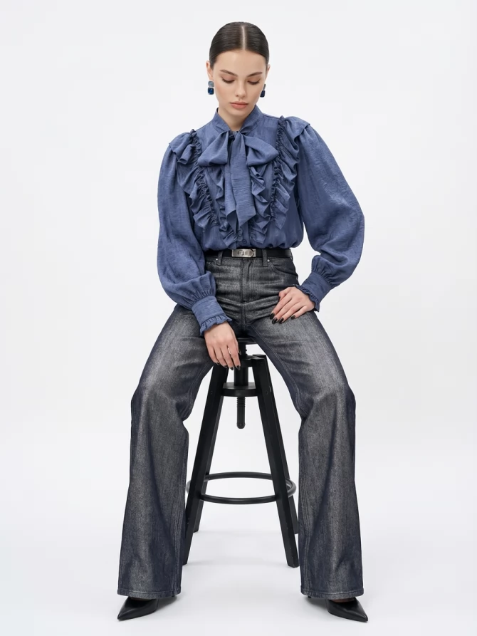 Блузка с рюшами и воротником-завязка OD-988-3 синий