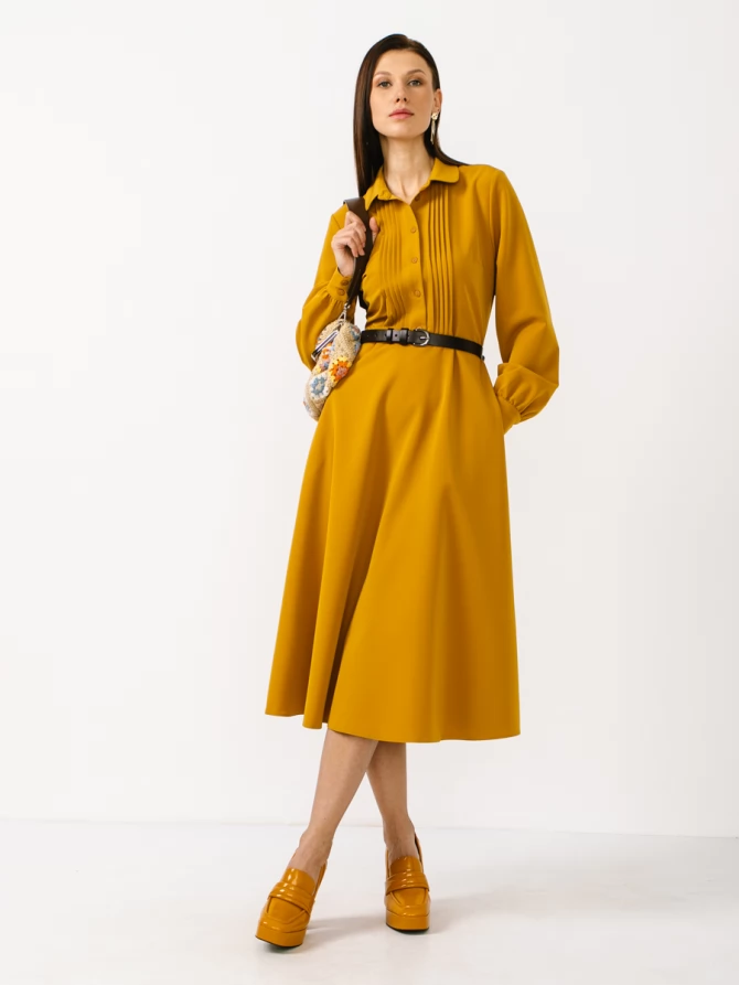 Платье из костюмной ткани с контрастным воротником и манжетом OD-841-1 горчица