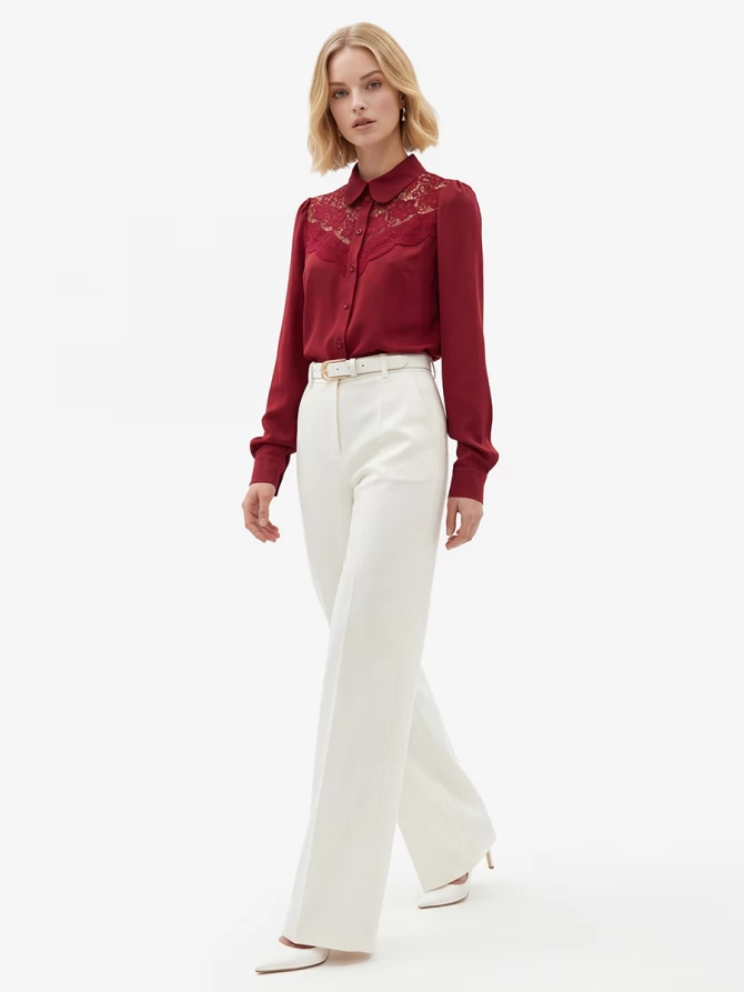 Блузка с кружевом на полочке OD-892-3 бордовый