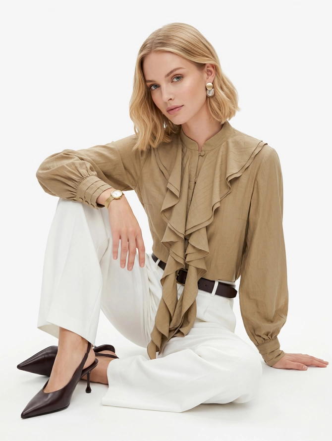 Блузка с отлетными рюшами OD-914-2 хаки