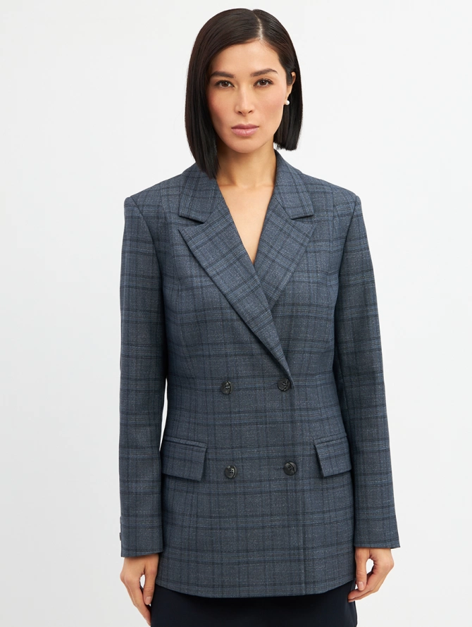 Жакет двубортный на подкладке OD-980-2 клетка серо-синяя