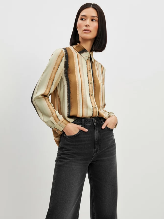 Блузка из атласной ткани OD-887-6 коричневый с серой полосой