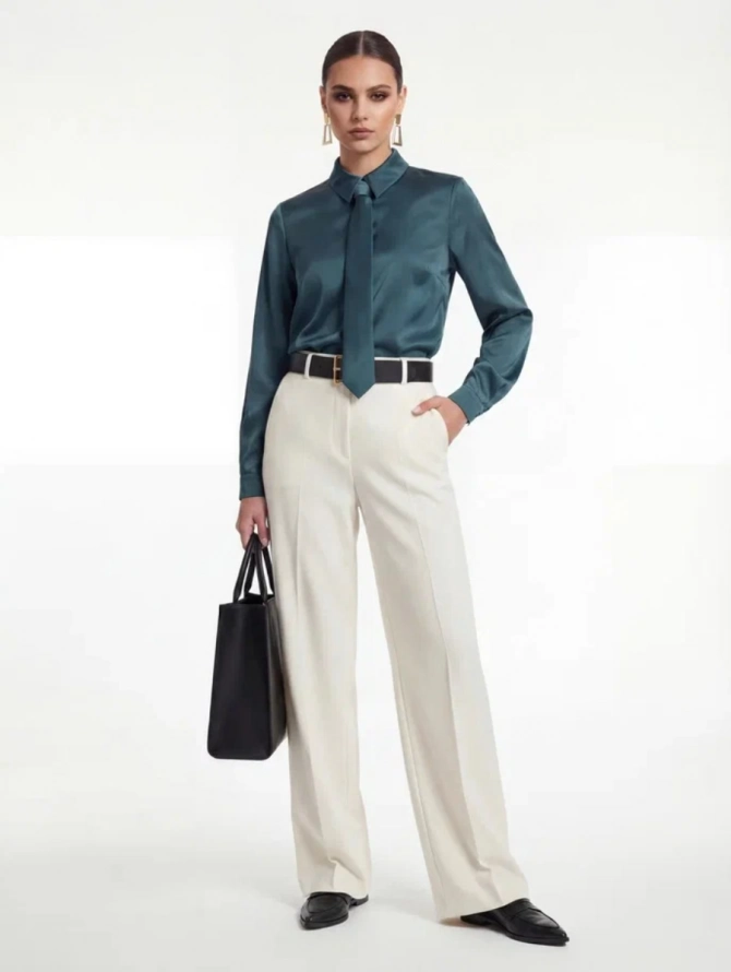 Атласная блузка с галстуком бутылочного цвета