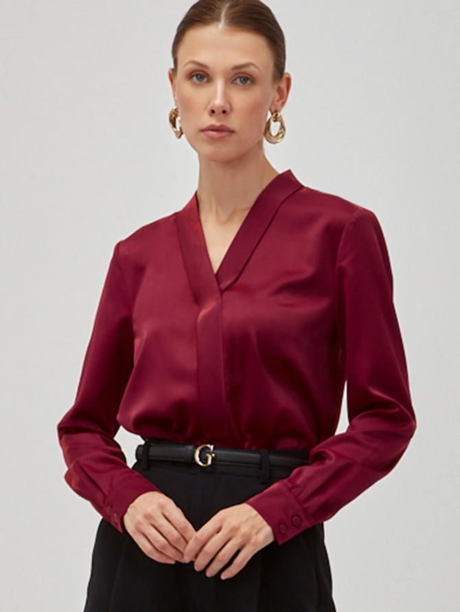 Блузка из сатина с V вырезом OD-8071-2 бордовый