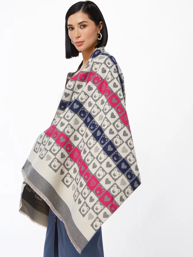 Палантин женский двусторонний с принтом Мишки и Сердца