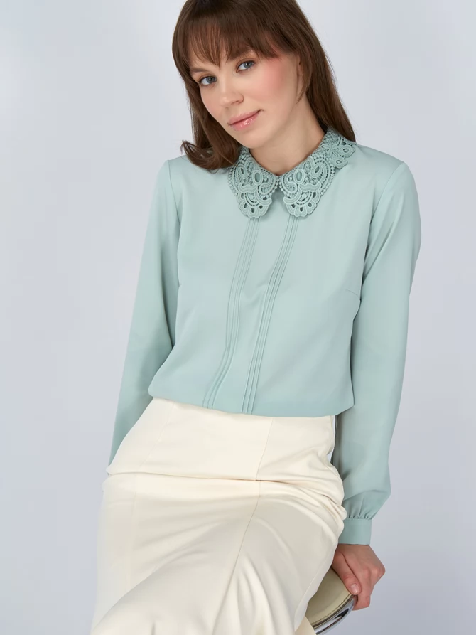 Блузка с кружевным воротником OD-861-5 светло-зеленый