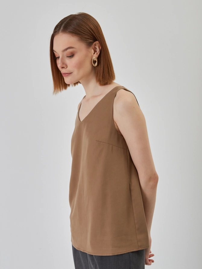 Топ V-образный трапециевидный из блузочной ткани, коричневый