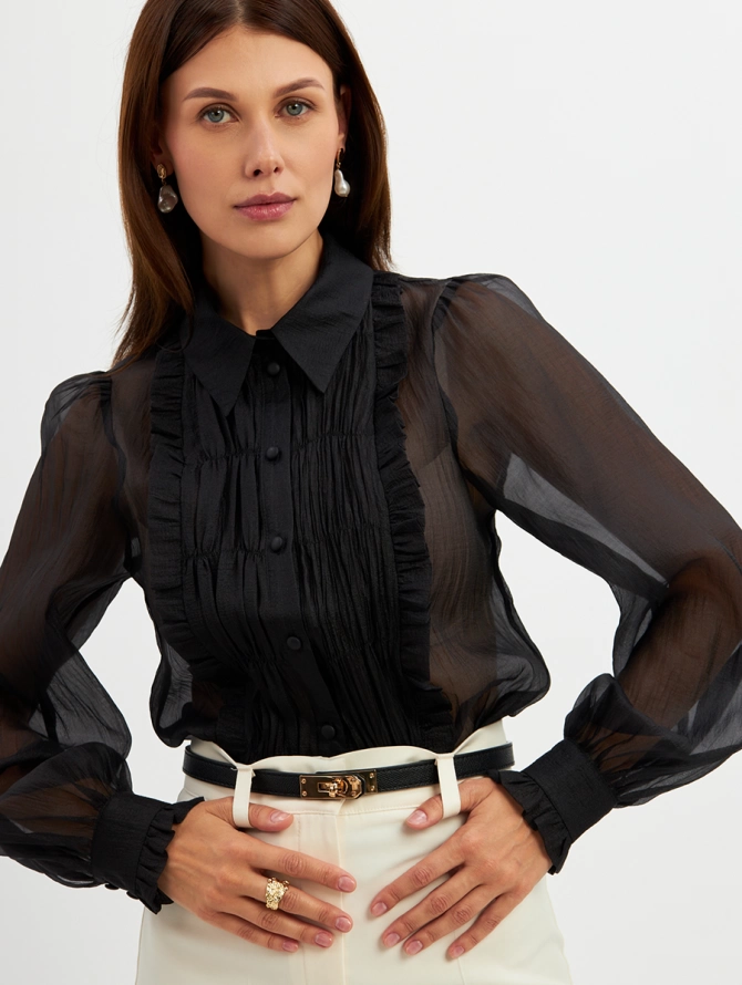 Блузка из органзы со сборкой OD-928-2, черный