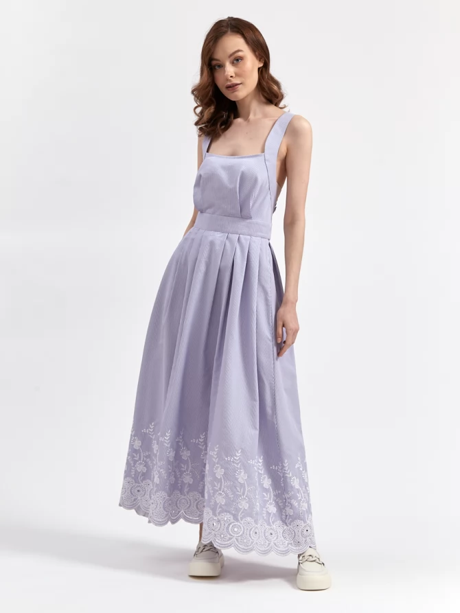 Сарафан в пол с открытой спиной, лавандовый с вышивкой