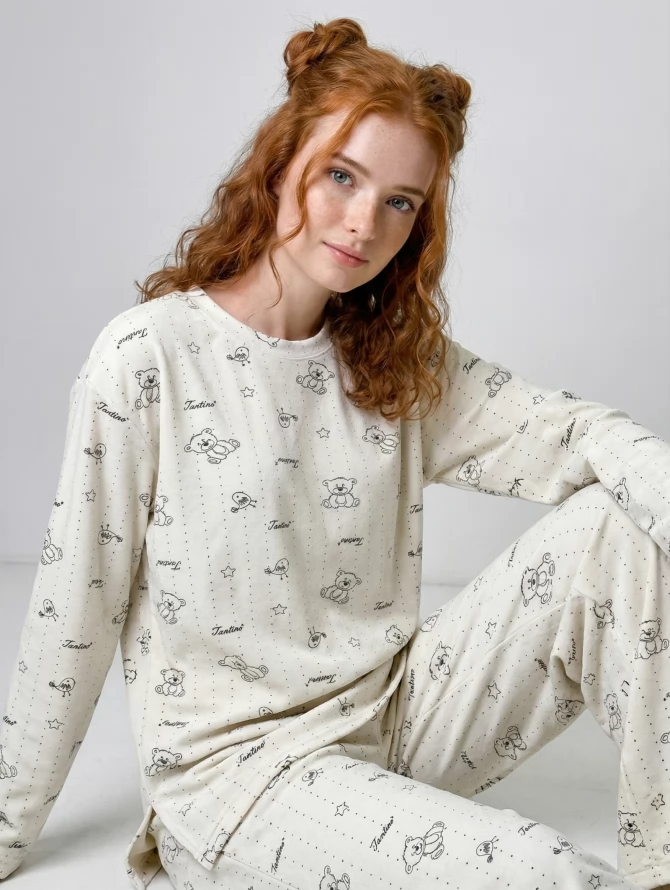 Пижама из велюра с принтом мишки с резинкой в комплекте OD-1009-3 молочный