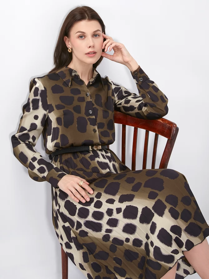 Платье с юбкой плиссе OD-883-1 леопард коричневый с хаки