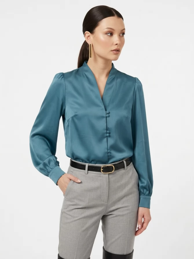 Блуза с вырезом сине-зеленая