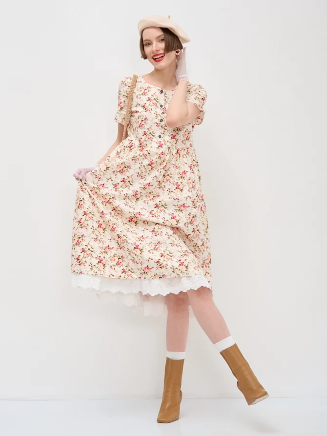 Платье хлопковое с цветочным принтом и кружевом