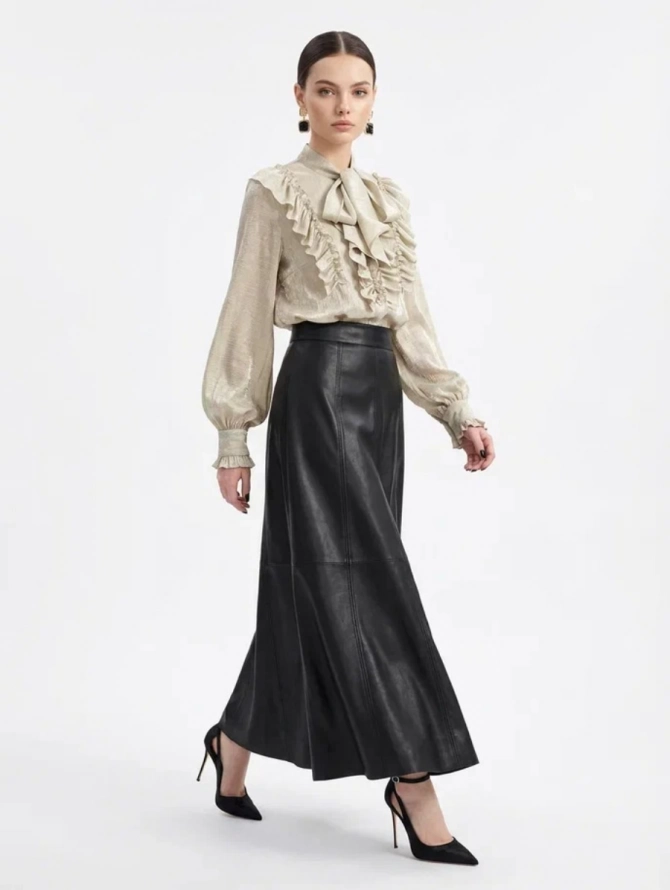 Блузка с рюшами и воротником-завязкой OD-988-2 бежевая