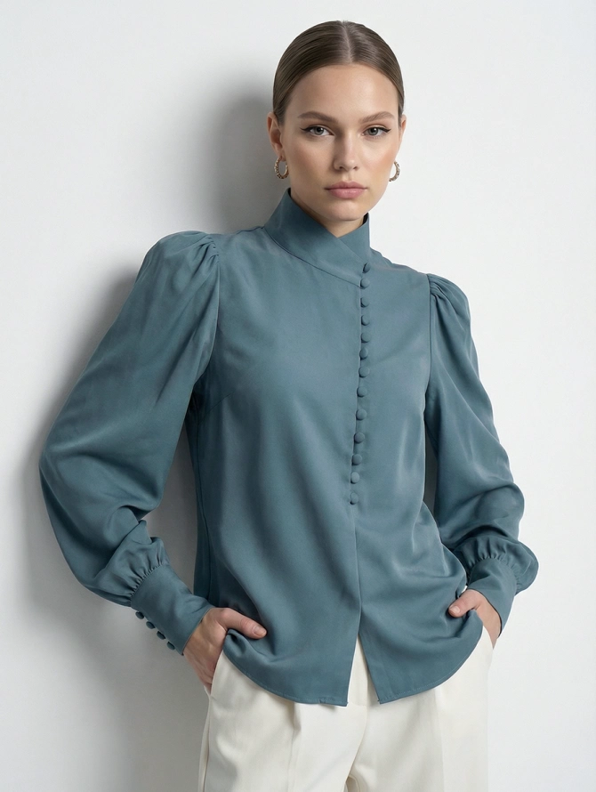 Блуза-косоворотка с множеством пуговиц, оттенок морской волны