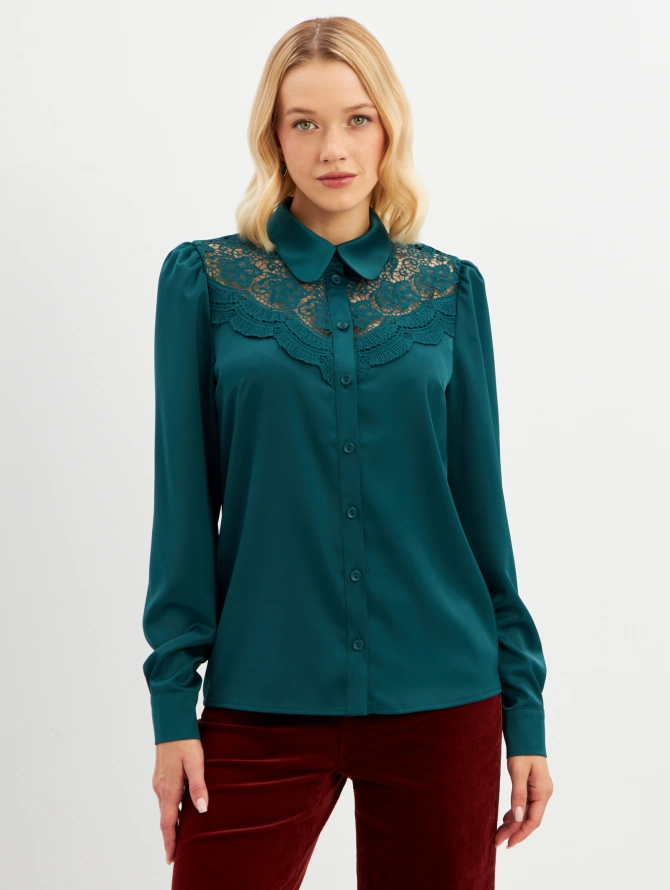 Блузка с кружевом на полочке OD-892-1 темно-зеленая