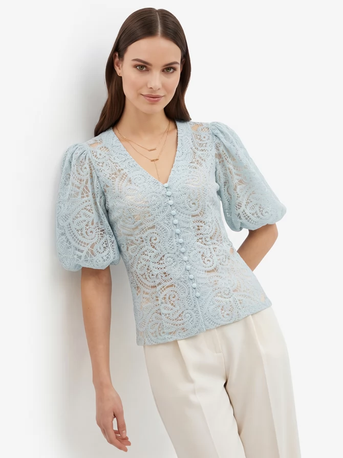 Блузка из кружева с коротким рукавом OD-1038-1 бирюзовый