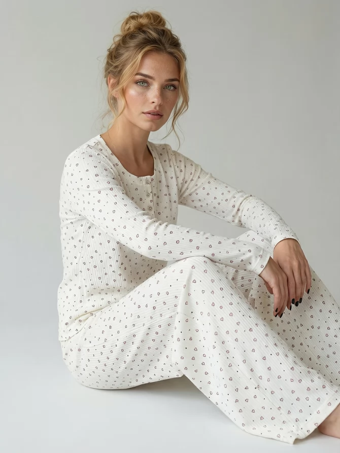 Пижама с принтом сердечки OD-1011-1 молочный