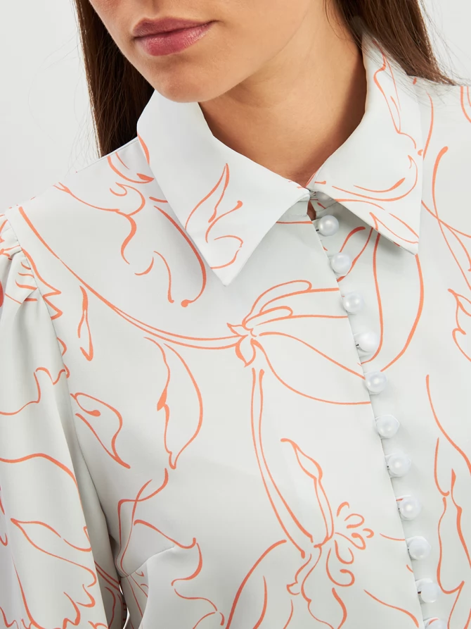 Блузка с принтом OD-639-26 голубая оранжевый цветок