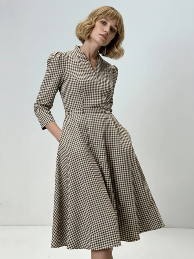 Платье с воротником стойка  OD-885-2 клетка сливочно-коричневая