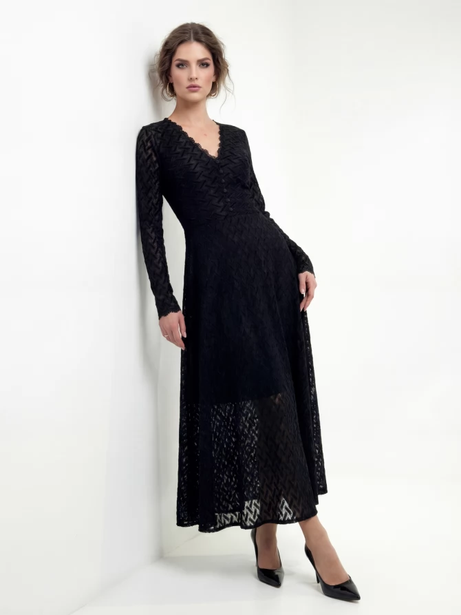 Платье из трикотажного кружева на подкладке с V-образным вырезом, черный, с фестонами