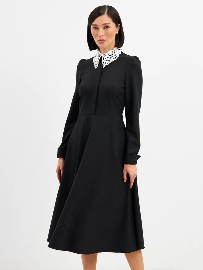 Платье с кружевным воротником потайная планка OD-886-1 черный
