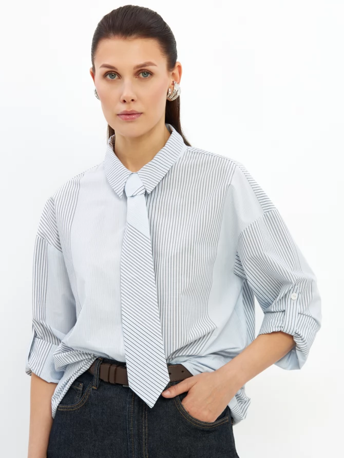 Рубашка полоса с галстуком OD-918-2 серо-голубая