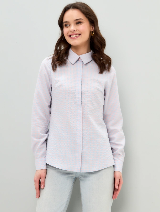 Блузка классическая с контрастной стойкой, розово-голубая клетка