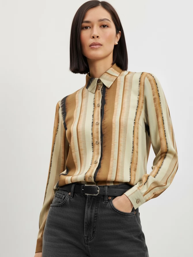 Блузка из атласной ткани OD-887-6 коричневый с серой полосой