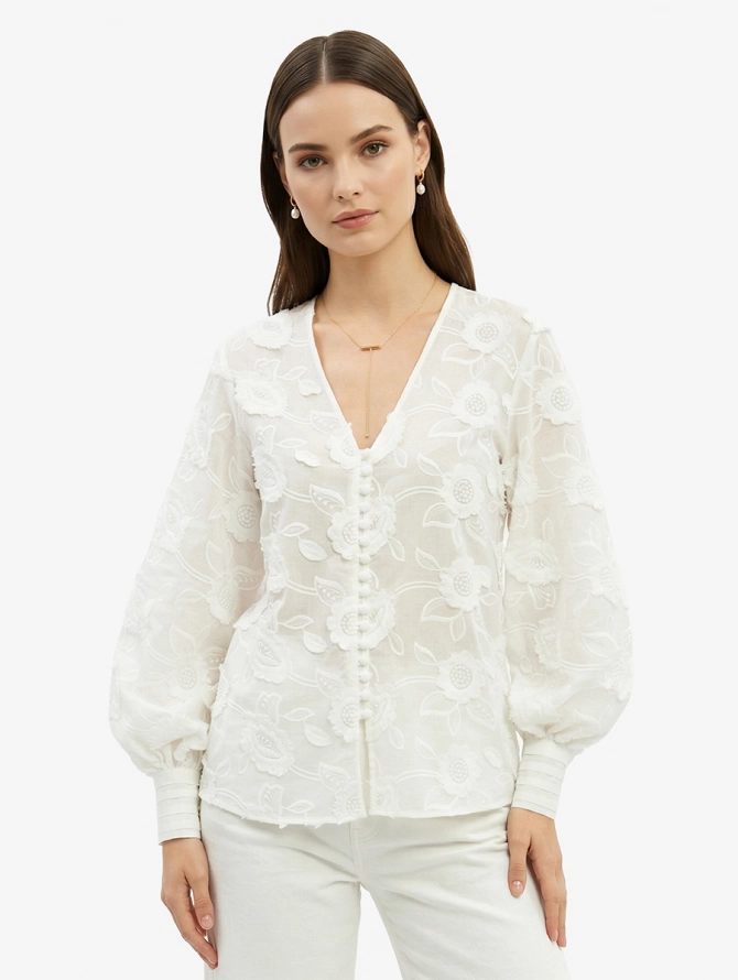 Блуза с обьемной вышивкой OD-987-1 белый ( обьемный цветок)