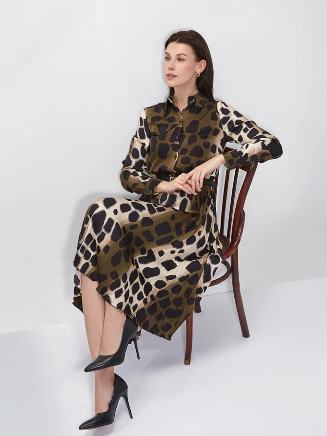 Платье с юбкой плиссе OD-883-1 леопард коричневый с хаки