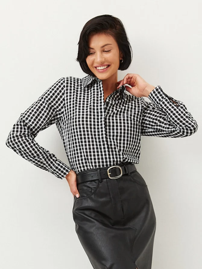Блузка классик с контрастной стойкой OD-737-9 клетка черно-белая