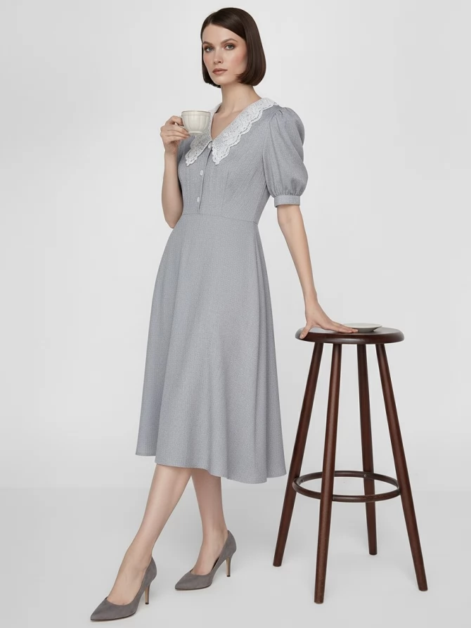 Платье с кружевным воротником  OD-888-2 св.серый