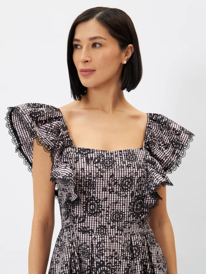 Платье из хлопка с кружевом OD-945-1, клетка ч/б с напылением